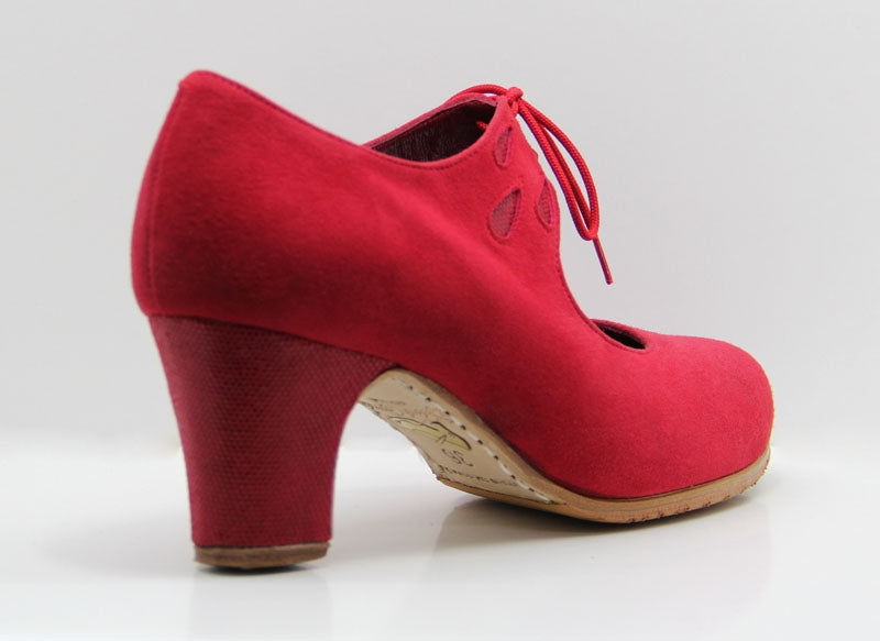 Zapato de baile flamenco profesional ante rojo con lágrimas fantasía