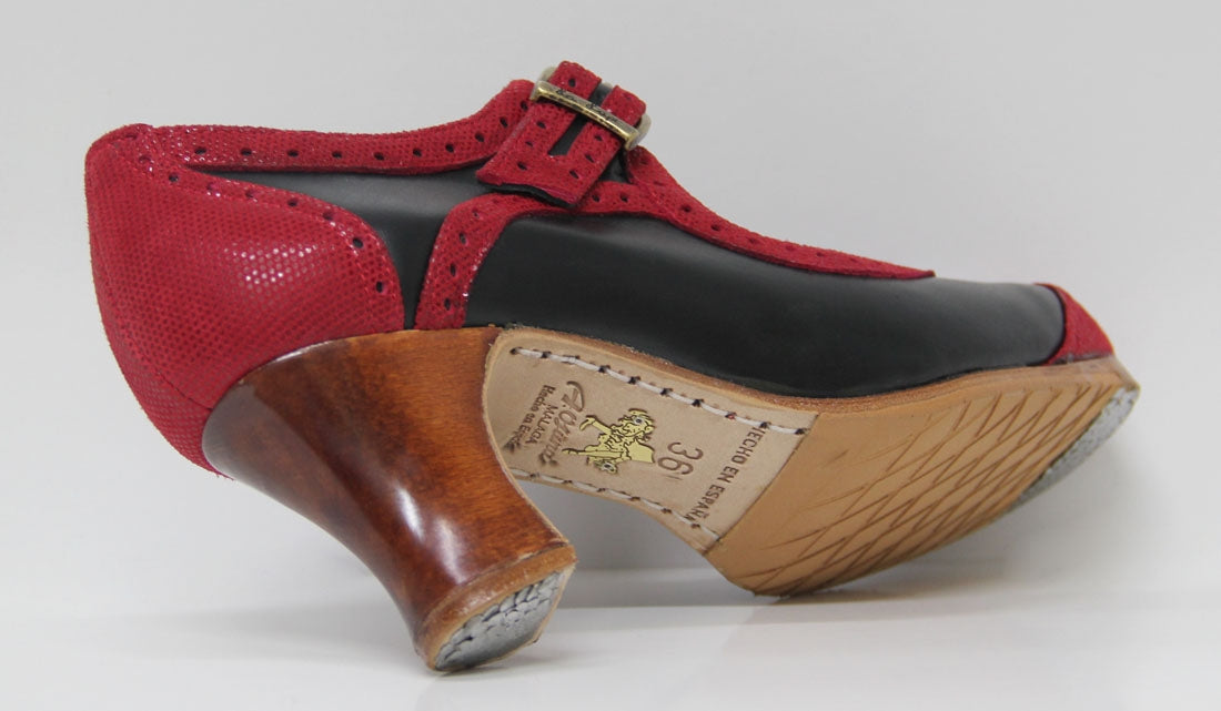 Zapato de Baile Flamenco Profesional Combinado Piel Negro y Rojo