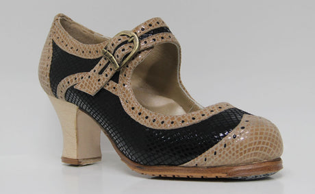 Zapato de Baile Flamenco Profesional Combinado Piel Negro y Beige