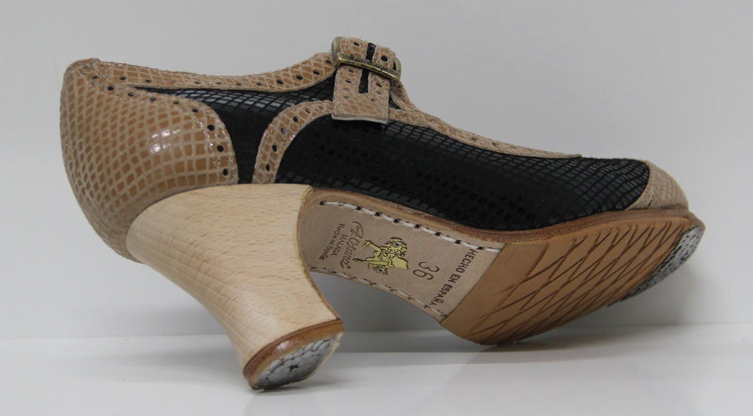 Zapato de Baile Flamenco Profesional Combinado Piel Negro y Beige