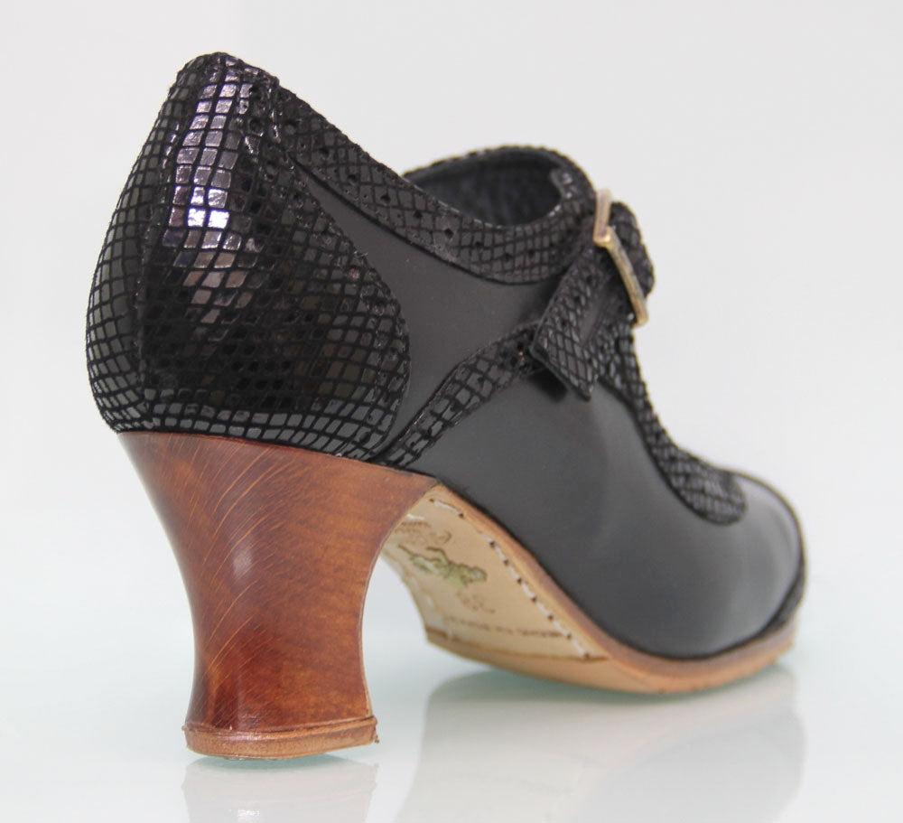 Chaussure de danse flamenco professionnelle combinée cuir noir et fantaisie