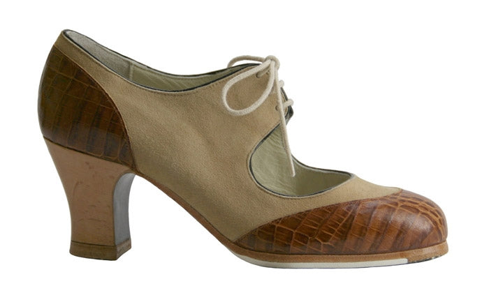Professional Flamenco Dance Shoe in Beige Suede and Brown Leather