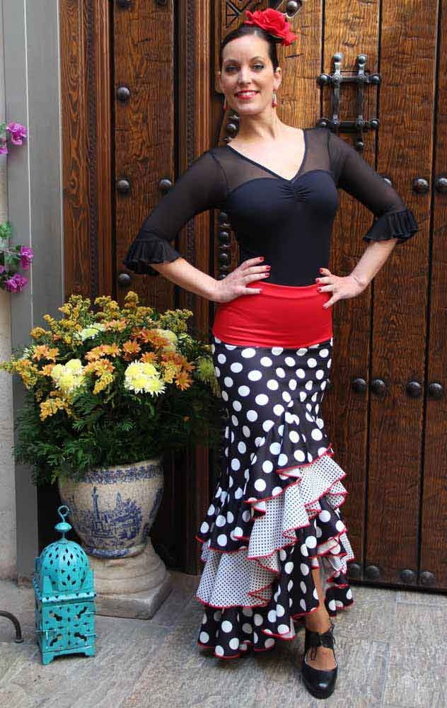 Black Flamenco Skirt with Polka Dots and Ruffles