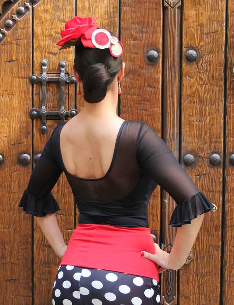 Justaucorps de flamenco noir à manches en microtulle