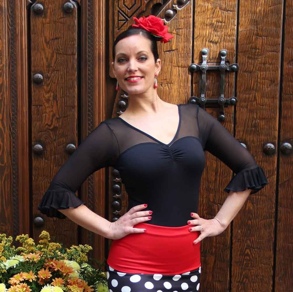 Justaucorps de flamenco noir à manches en microtulle