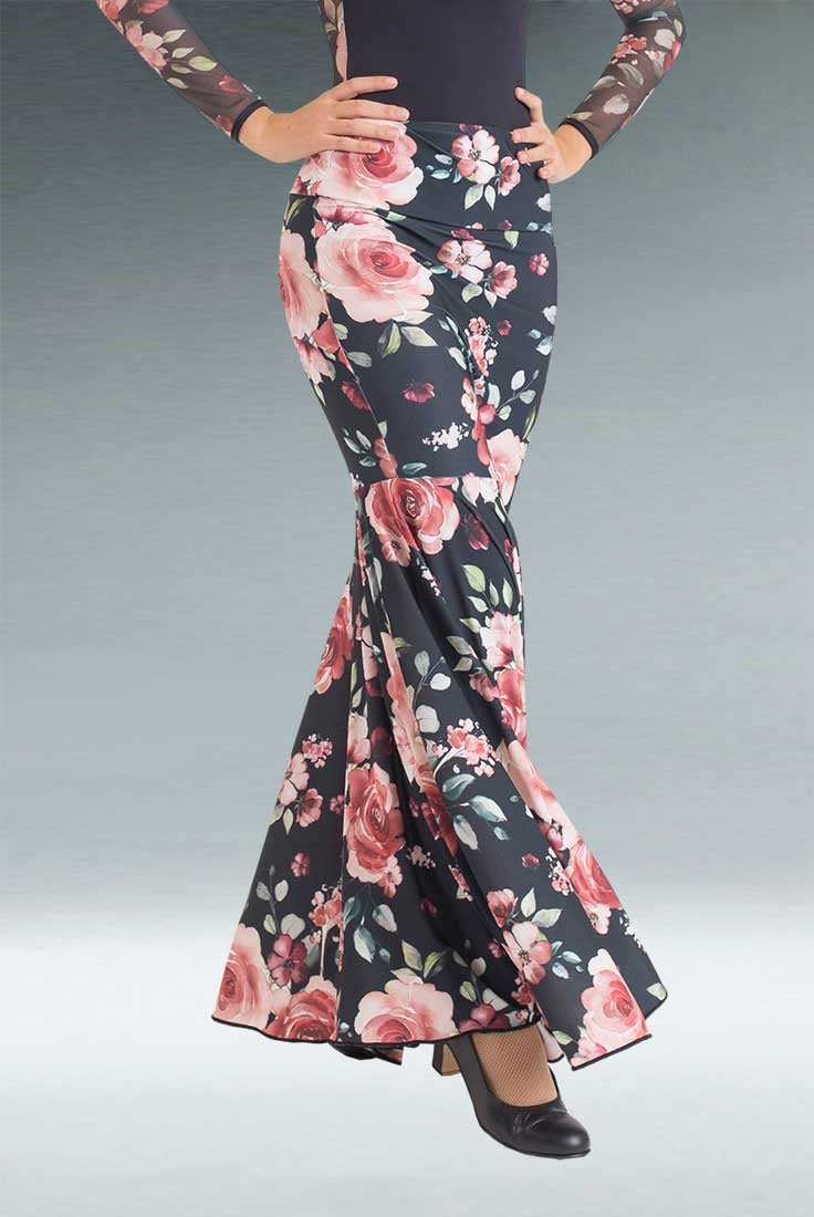 Jupe de flamenco ajustée à fleurs roses
