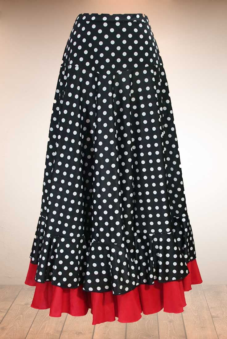 Falda flamenco negra con lunares blanco y volante rojo