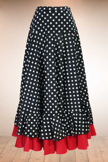 Falda flamenco negra con canesú y lunares blancos con volantes en el bajo