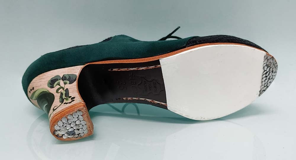 Zapato de Baile Flamenco Profesional Combinado Ante Verde y Piel Fantasía Serpiente