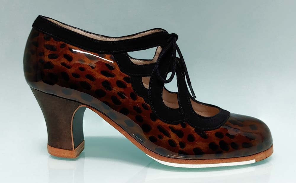 Zapato de Baile Flamenco Profesional Combinado Charol Anacarado Marrón y Ante Negro