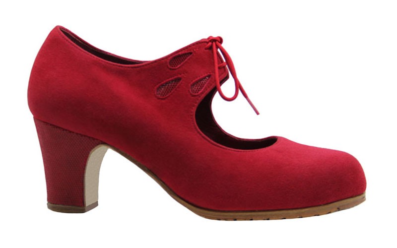 Zapato de baile flamenco profesional ante rojo con lágrimas fantasía