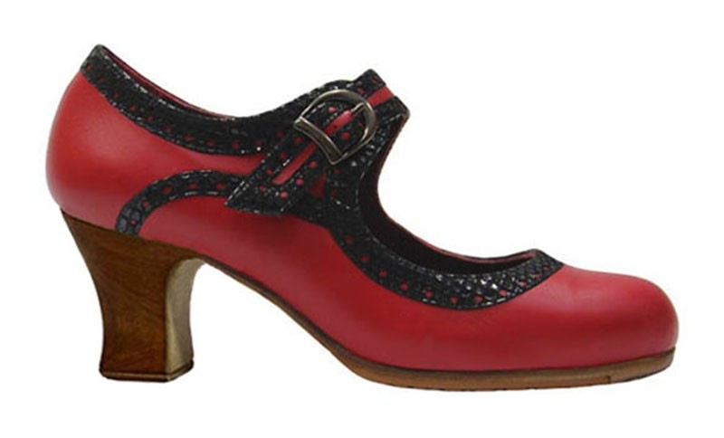 Zapato de baile flamenco profesional piel rojo y fantasía negro