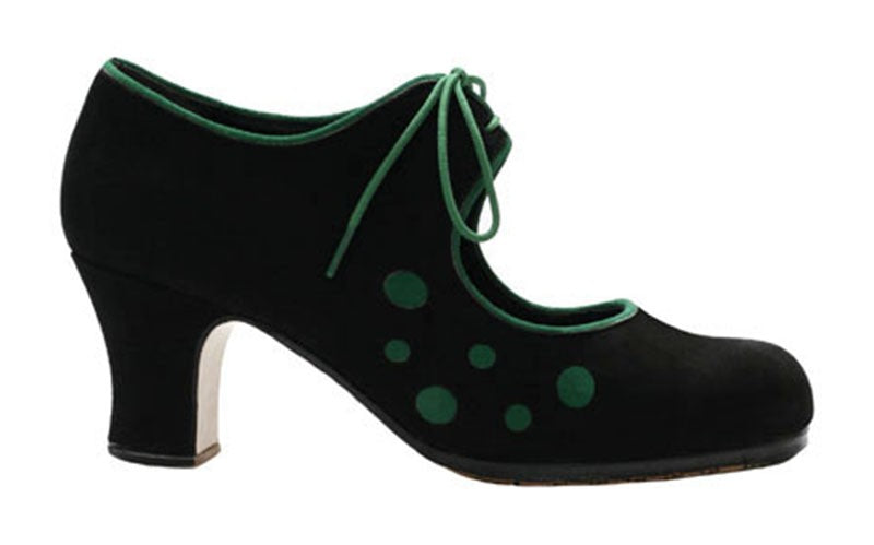 Zapato de baile flamenco profesional ante negro y lunares ante verde