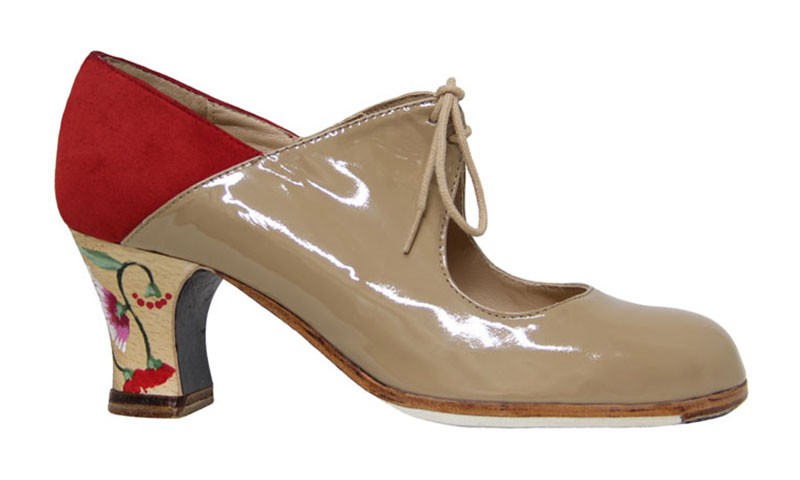Chaussure de danse flamenco professionnelle en cuir verni beige et daim rouge