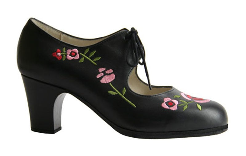 Chaussure de danse flamenco professionnelle en cuir noir brodé