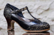 Chaussure de danse flamenco professionnelle combinée cuir noir et fantaisie