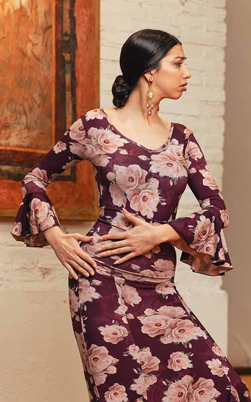 Body flamenco Cejilla de punto elástico estampado morado con flores rosas