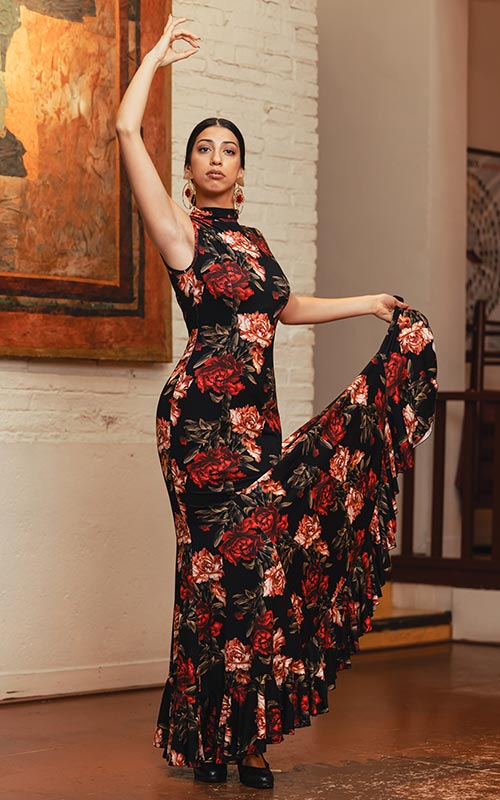 Vestido flamenco Ulea negro con estampado de claveles
