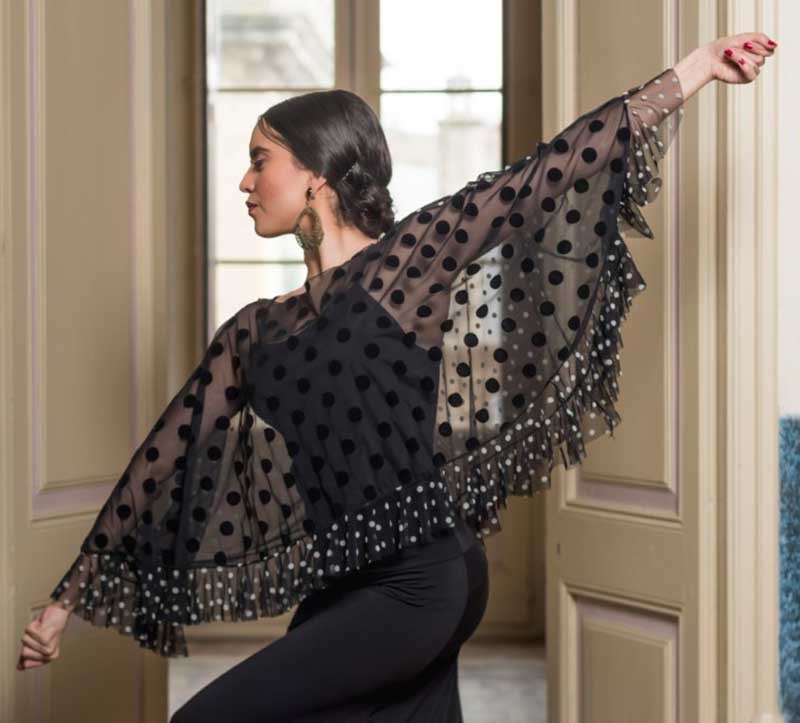 Haut cape flamenco Sanguinet en tulle noir à pois