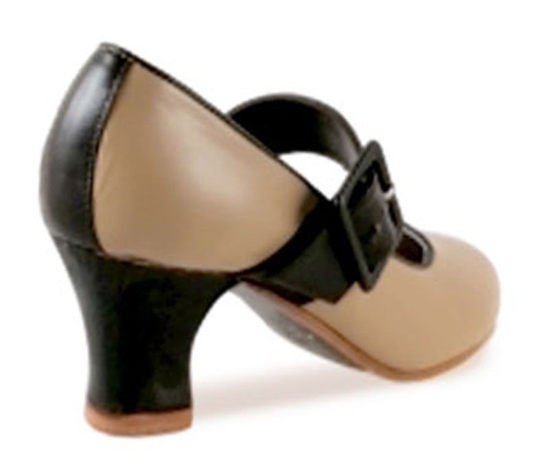 Zapato de baile flamenco profesional Combinado piel Beige Maquillaje y Correa Hebilla Marrón