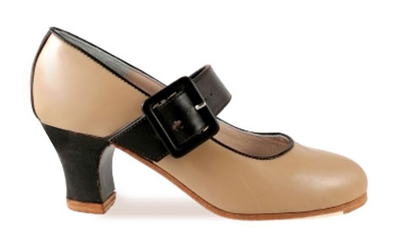Zapato de baile flamenco profesional Combinado piel Beige Maquillaje y Correa Hebilla Marrón