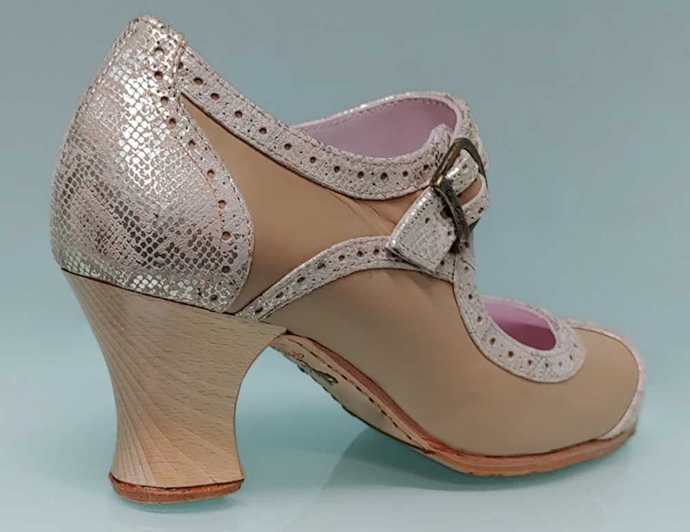 Zapato de Baile Flamenco Profesional Combinado Piel Beige y Fantasía