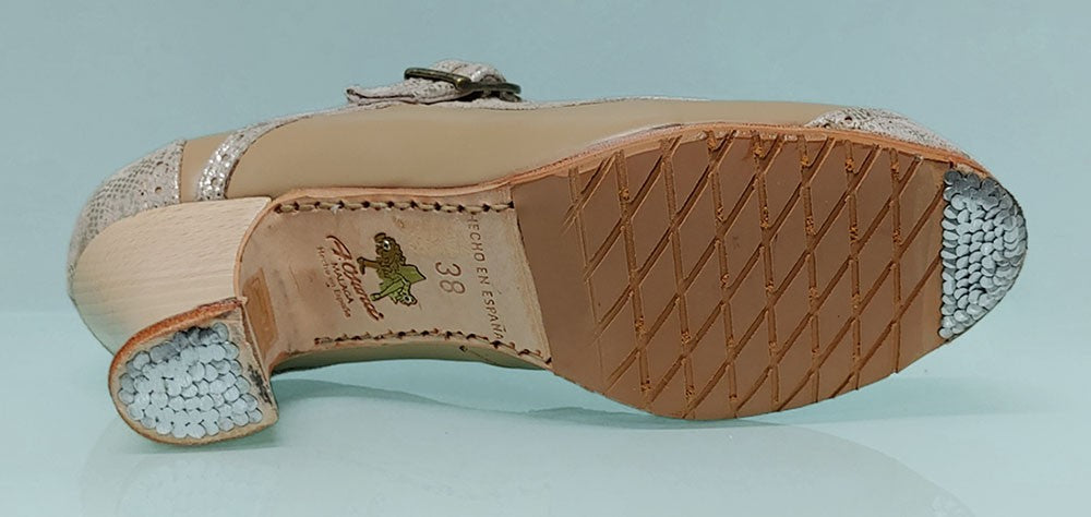 Zapato de Baile Flamenco Profesional Combinado Piel Beige y Fantasía