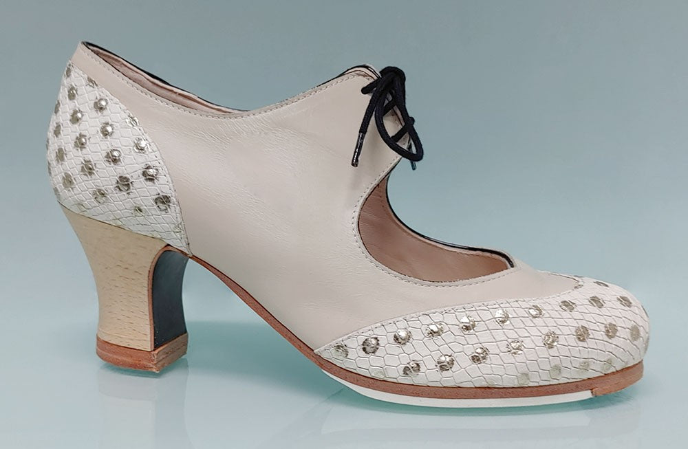 Zapato de Baile Flamenco Profesional Piel Beige y Fantasía