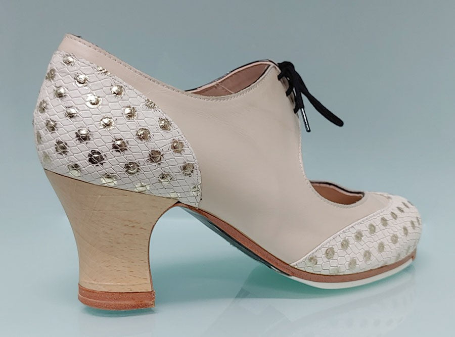 Zapato de Baile Flamenco Profesional Piel Beige y Fantasía
