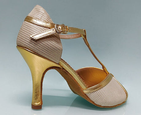 Chaussure de danse de salon combinée or et fantaisie.