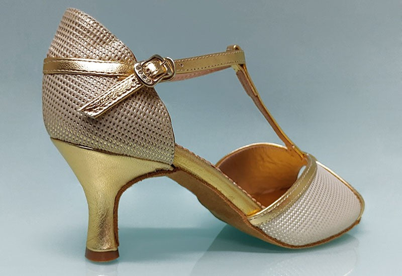 Chaussure de danse de salon combinée or et fantaisie.