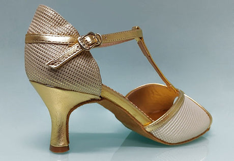 Chaussure de danse de salon combinée or et fantaisie.