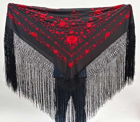 Mantón Seda Negro Bordado con Flores Rojas a Mano 140 cm.