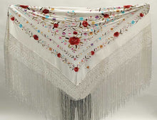Mantón Seda Marfil Con Flores Multicolor  140 cm.