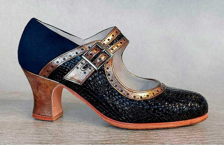 Chaussure de danse flamenco professionnelle, cuir verni coco noir et fantaisie dorée