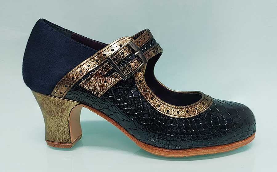 Chaussure de danse flamenco professionnelle, cuir verni coco noir et fantaisie dorée