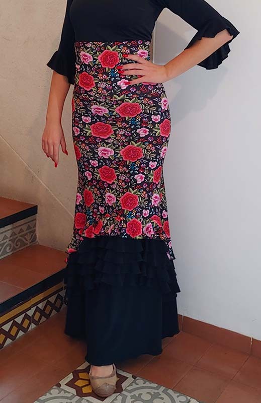 Falda Flamenco Estampada de Flores de Colores y Volantes Negros