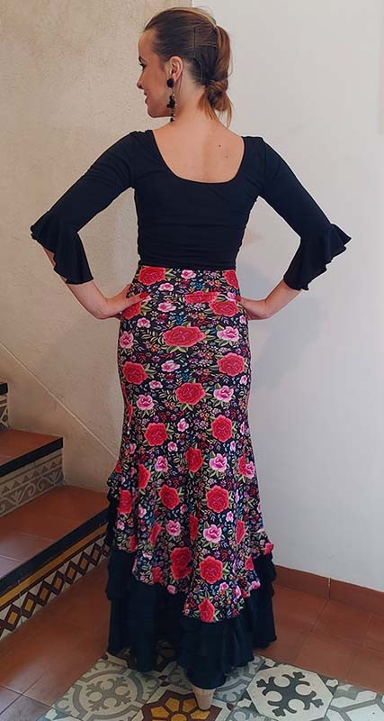 Falda Flamenco Estampada de Flores de Colores y Volantes Negros