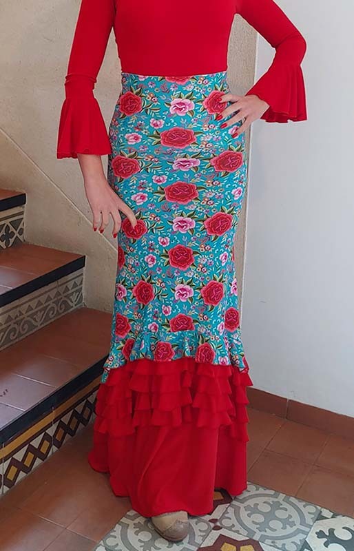 Falda Flamenco Estampada de Flores de Colores y Volantes Rojos