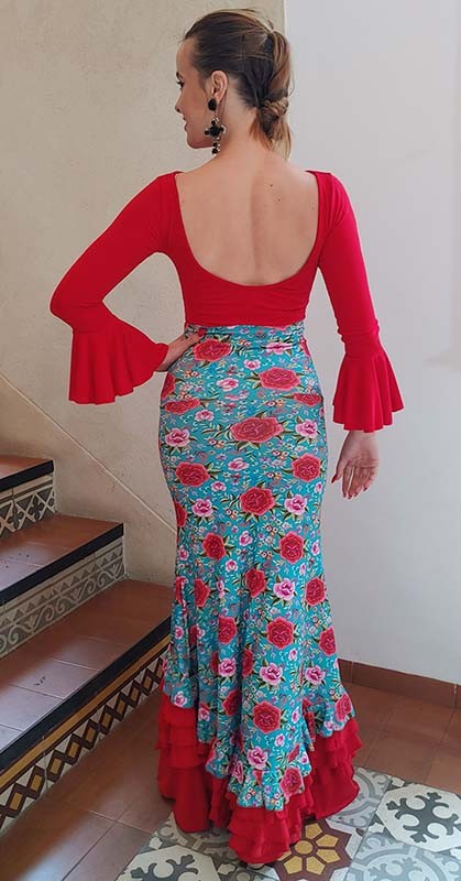 Falda Flamenco Estampada de Flores de Colores y Volantes Rojos