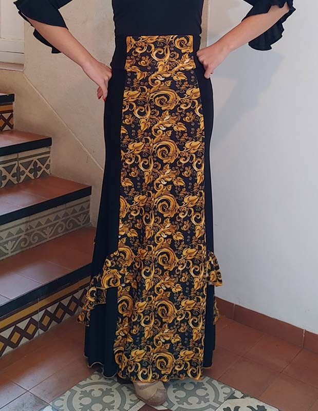 Falda Flamenco Negra-Oro con Estampado de Flores y Volantes