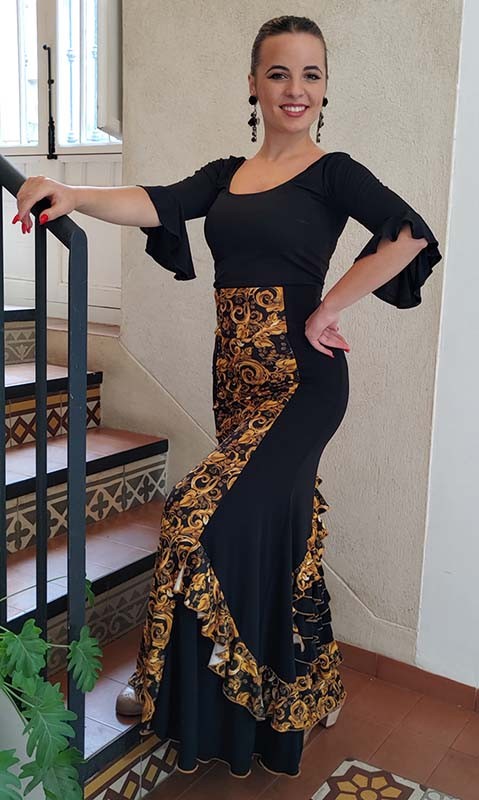 Falda Flamenco Negra-Oro con Estampado de Flores y Volantes