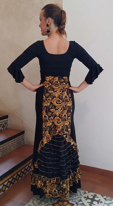 Falda Flamenco Negra-Oro con Estampado de Flores y Volantes