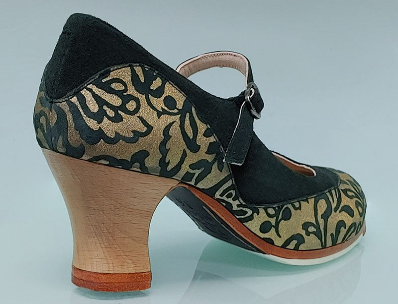 Zapato De Baile Flamenco Profesional Ante Verde Botella y Fantasía con Hebilla