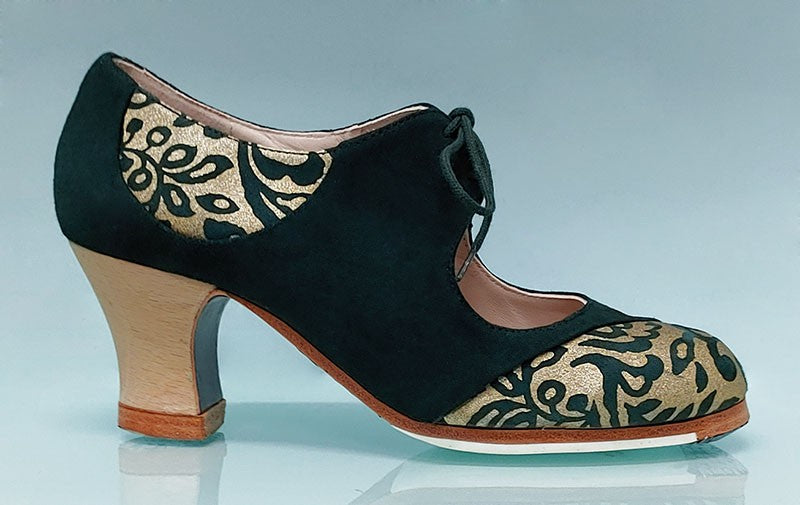 Zapato de Baile Flamenco Profesional Ante Verde y Piel Fantasía Oro