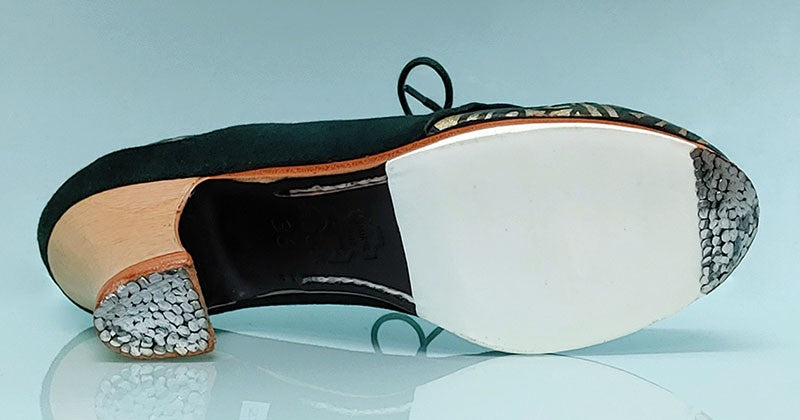 Zapato de Baile Flamenco Profesional Ante Verde y Piel Fantasía Oro