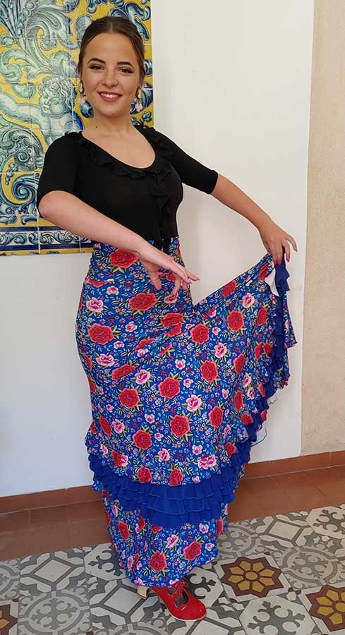 Falda Flamenco Azul Estampada de Flores con Volantes