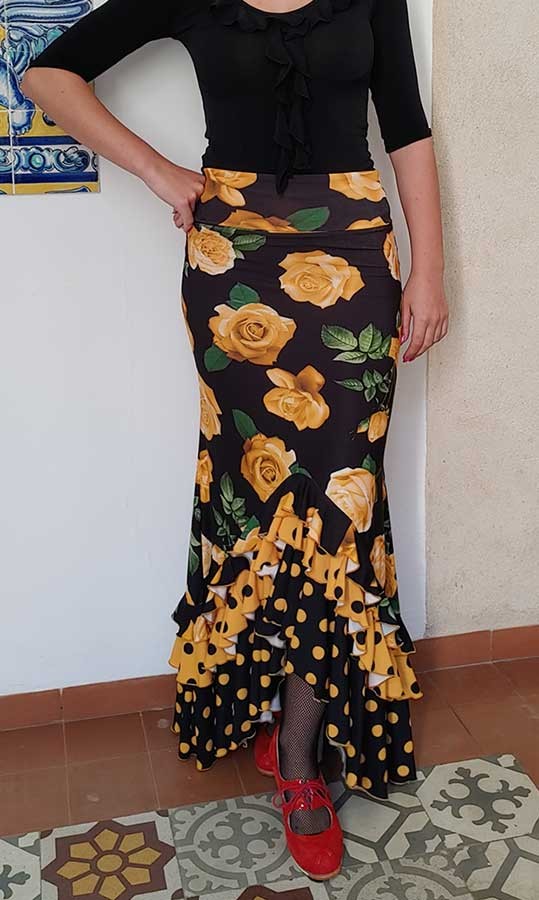 Black Flamenco Skirt with Floral and Yellow Polka Dot Print