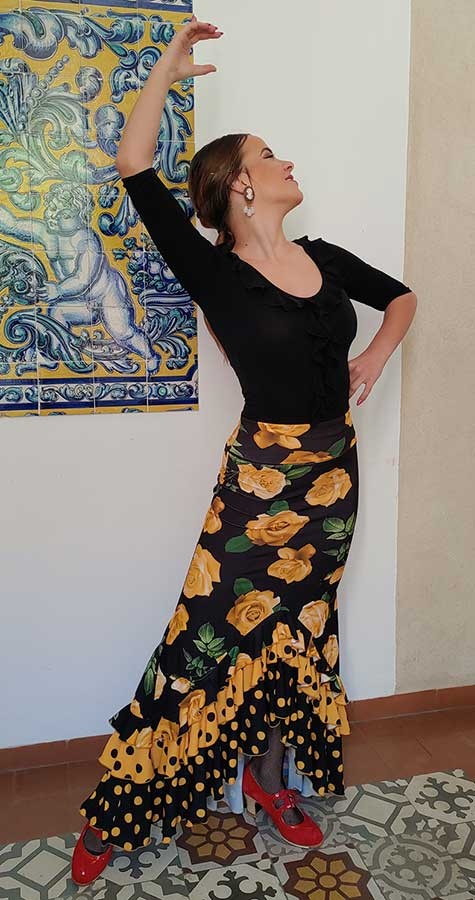 Black Flamenco Skirt with Floral and Yellow Polka Dot Print