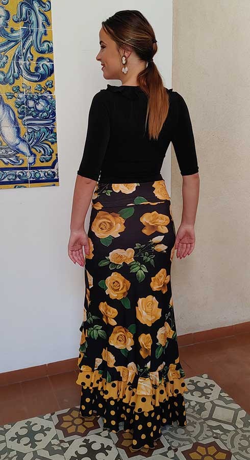 Black Flamenco Skirt with Floral and Yellow Polka Dot Print
